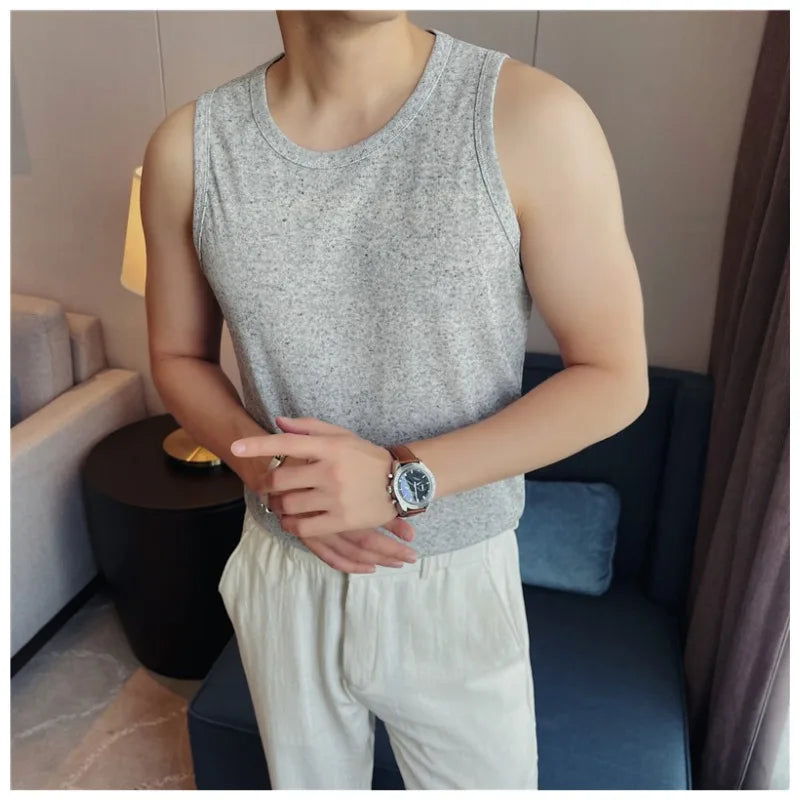 Men's Two-Tone Linen Blend Knit Tank Top – Summer Breathable Textured Sleeveless Vest for Fitness & Casual Wear