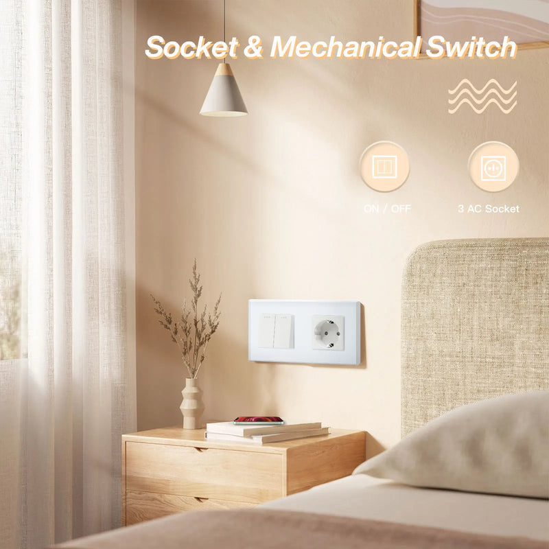 BSEED Mechanical Light Switch Wall Socket Glass Frame 1/2/3Gang 2Way Wall Switch Power Outlet Button Switches Wall Socket