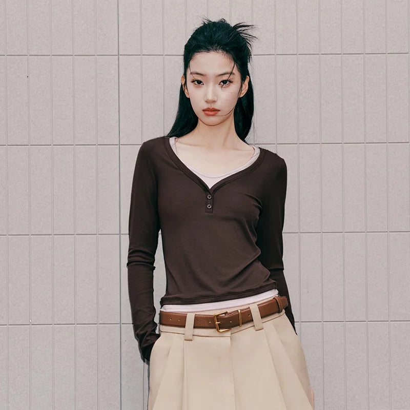 Semir Women Tshirt Long Sleeve Short Contrast U Neck Faux Two Piece Slim Tight Casual Autumn Top Daily Wear 2026
