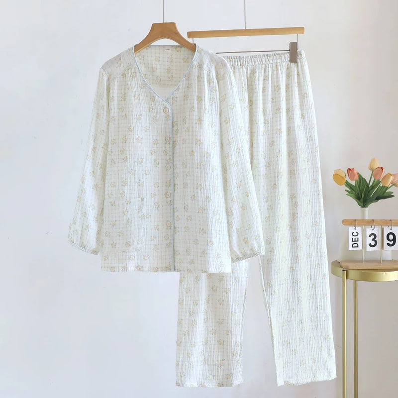 Chest Pad Long-sleeved Women's Home Clothes Floral Sleepwear Cotton Pyjamas Woman 2 Piece Sets Nighty Casual Loungewear Suit
