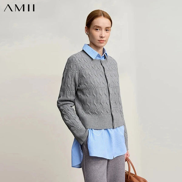 AMII Women 2026 Winter New Casual Cardigans Round Neck Straight Cardigan for Lady Vintage Elegant Short Knitted Top 12544197