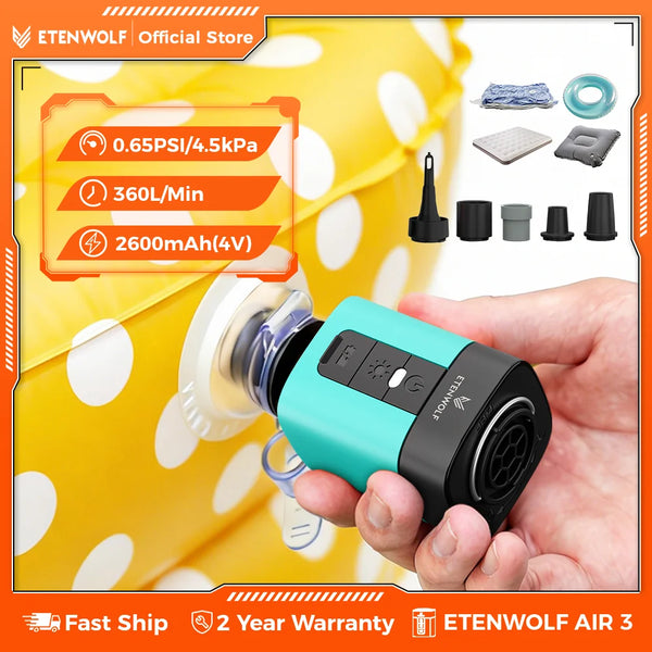 ETENWOLF AIR 3 ស្នប់ខ្យល់អគ្គិសនីឥតខ្សែ ភ្លើងសម្រាប់បោះតង់ 2600mAh ឧបករណ៍បំប៉ោង និងឧបករណ៍បន្ថយខ្យល់ខ្នាតតូច សម្រាប់អណ្តែតទឹកក្នុងអាង គ្រែ កន្ទេល ថង់បូមធូលី