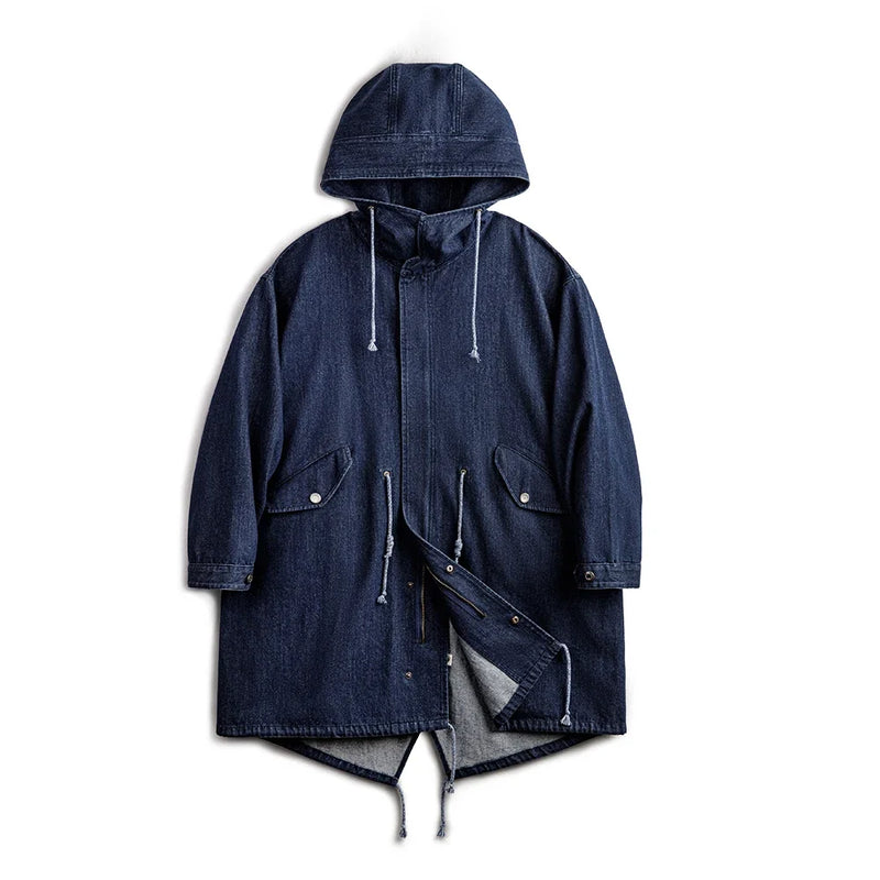 Maden Retro 10.2oz M51 Denim Jackets Fishtail Windbreaker Loose Mid-Length Solid Color Hooded Jackets for Men's Autumn Tops