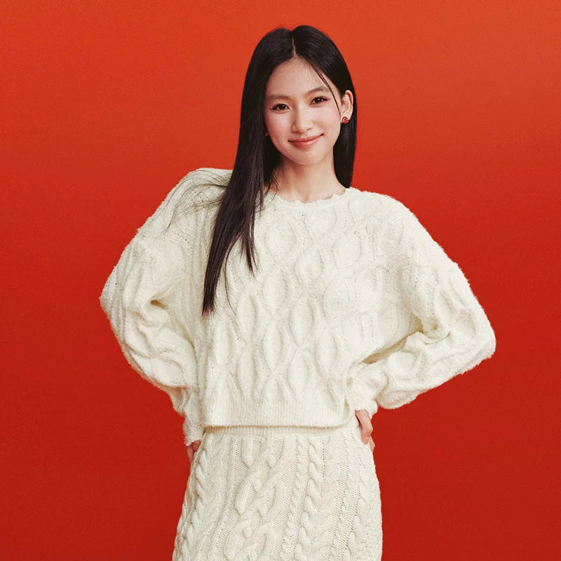 Semir Red Sweater Women 2026 Spring Short Cable Knit Ruffle Loose Slouchy New Year Style Casual Fashion Pullover Top