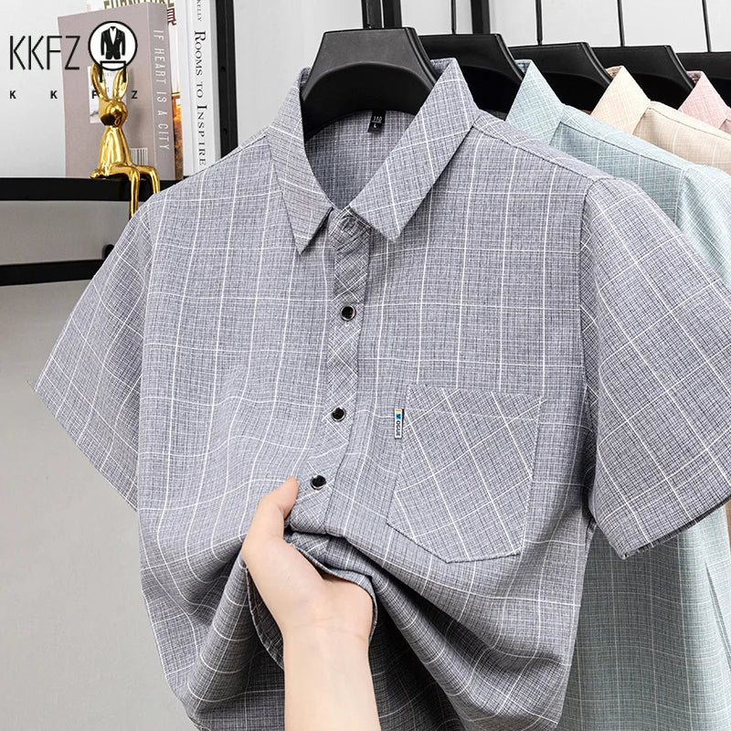 Mens Regular Fit Plaid Pattern Short Sleeve Shirt Turn Down Collar Tops For Men Daily Office And Work
