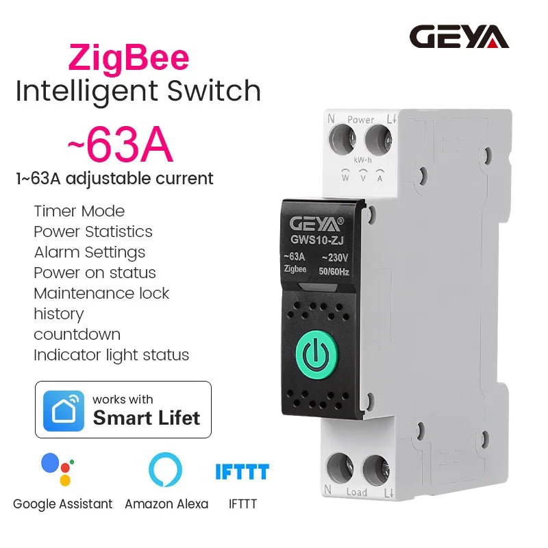 ឧបករណ៍បំបែកសៀគ្វីឆ្លាតវៃ GEYA WiFi/ZigBee MCB ជាមួយនឹងរនាំង DIN 63A សម្រាប់កុងតាក់បញ្ជាពីចម្ងាយឥតខ្សែសម្រាប់ផ្ទះឆ្លាតវៃ ដោយកម្មវិធី Tuya