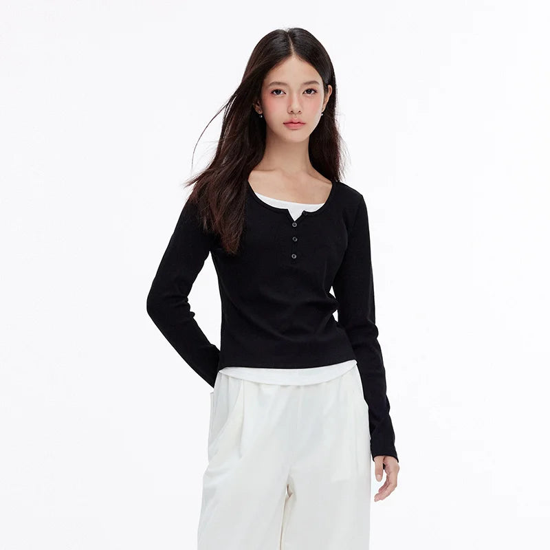 Semir Women Tshirt Slim Long Sleeve Curved Hem Patchwork Faux Two Piece Base Top Autumn Casual Style Daily Wear 2026