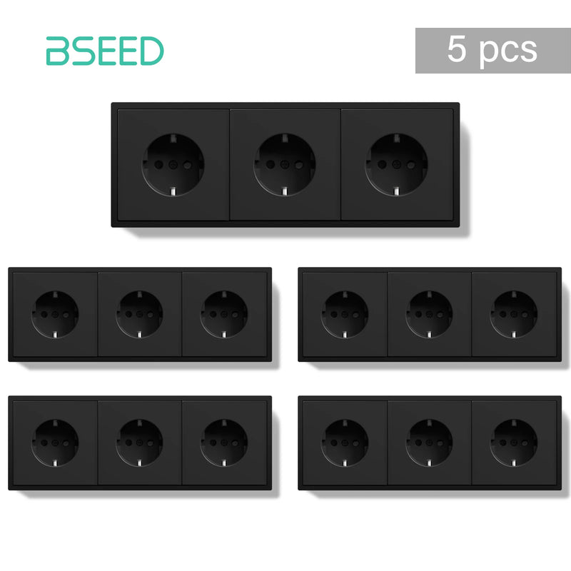 BSEED EU Standard 1/3/5 Pack Triple Wall Electrical Sockets Power Outlets Value Pack White Black Plastic Frame 16A