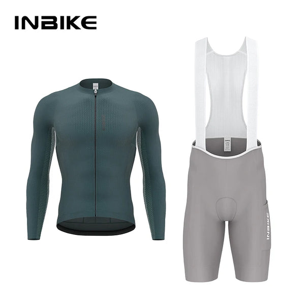 INBIKE Spring Men's Cycling Set Long Sleeve Road Bike Jersey Breathable Bib Shorts Quick-Dry Road Bike Clothing Man with Pockets