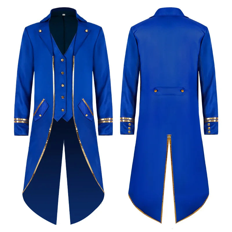 2026 Medieval Style Thin Men's Retro Mid-Length Punk Coat with Gold Trim Trench for Halloween Cosplay in Red Green Purple Jacket