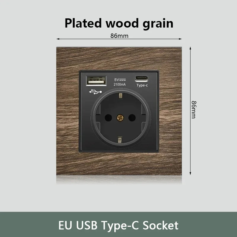 Retro Wood grain Wall Light Switch,18W Fast Type C Wall 220V Power Outlet plug,EU FR European Electrical socket with USB Charger
