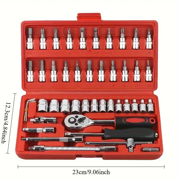 46pcs Toolbox for Car Repair Tool Kit - Including Metric Ratchet, Socket, Wrench Kit For Automotive And Mechanical Repairs.