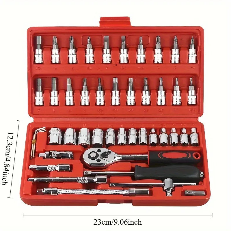 46pcs Toolbox for Car Repair Tool Kit - Including Metric Ratchet, Socket, Wrench Kit For Automotive And Mechanical Repairs.