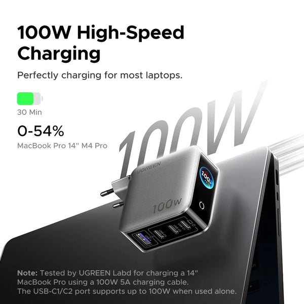 UGREEN 100W GaN Charger With Smart Display EU/UK/US Foldable Plug QC4.0 AVS For Macbook Pro Laptop iPhone 18 17 Pro iPad Samsung