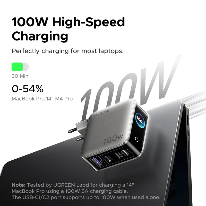 UGREEN 100W GaN Charger With Smart Display EU/UK/US Foldable Plug QC4.0 AVS For Macbook Pro Laptop iPhone 18 17 Pro iPad Samsung