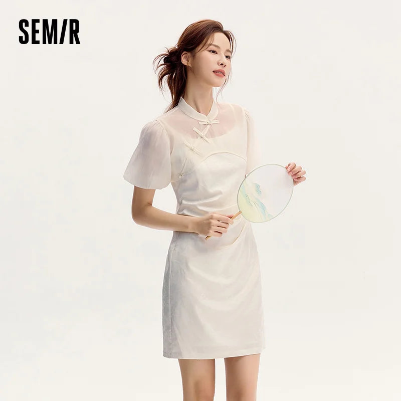 Semir Dress Women Textured Spaghetti Strap Bubble Sleeve Cover-Up Dress 2025 Summer New Set Dress