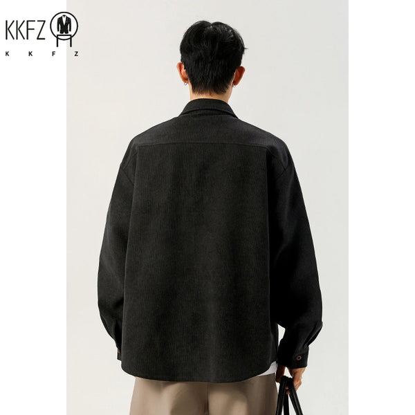 Male Trendy Corduroy Shirt Full Button Lapel Collar Chest Pocket For Short Trip Social Gathering And Street Wear