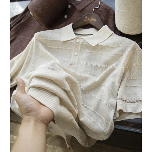 Men's Two-Tone Linen Blend Knit Polo Shirt – Summer Breathable Textured Short Sleeve with Collar for Casual & Smart Wear