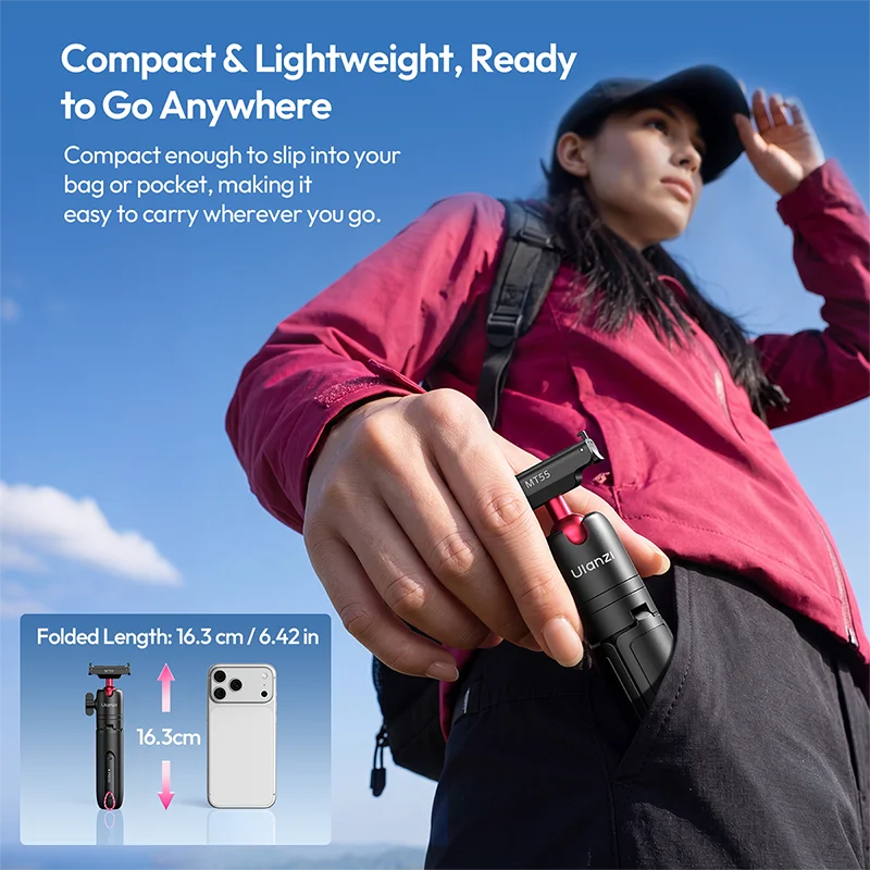 ជើងទ្រកាមេរ៉ា Ulanzi MT55 SnapGo Mini Selfie Stick សម្រាប់ Go Ultra DJI Action 6 ជើងទ្រកាមេរ៉ាម៉ាញេទិក ដែលអាចលៃតម្រូវបាន 360° 4 ផ្នែក