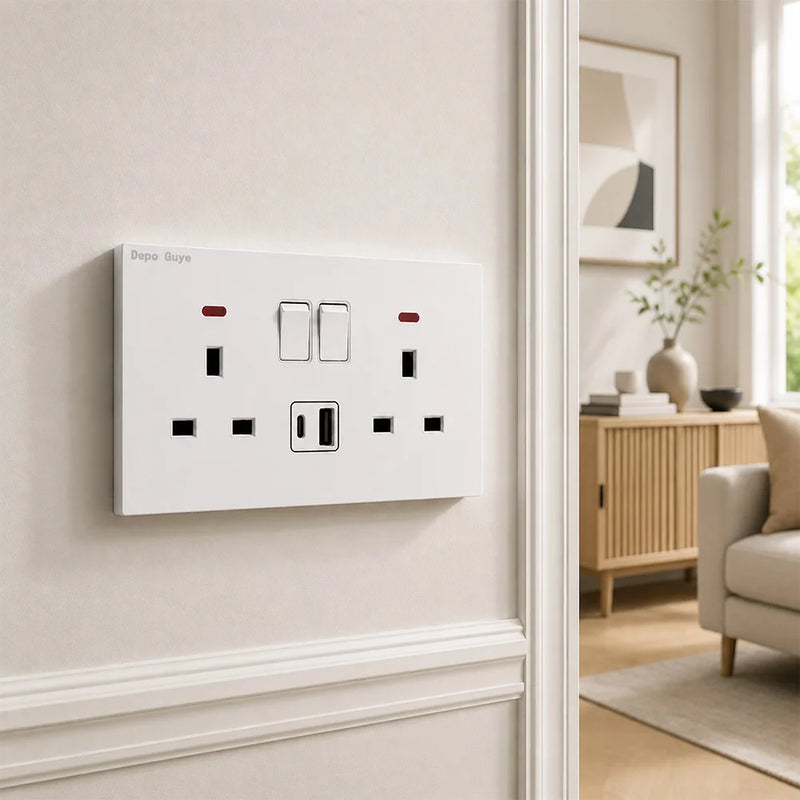 UK Standard Power Socket 13A Quick charge Plug 20W Smart Type-C Wall Outlet,220V Electrical Universal Wall Light 2way Switch