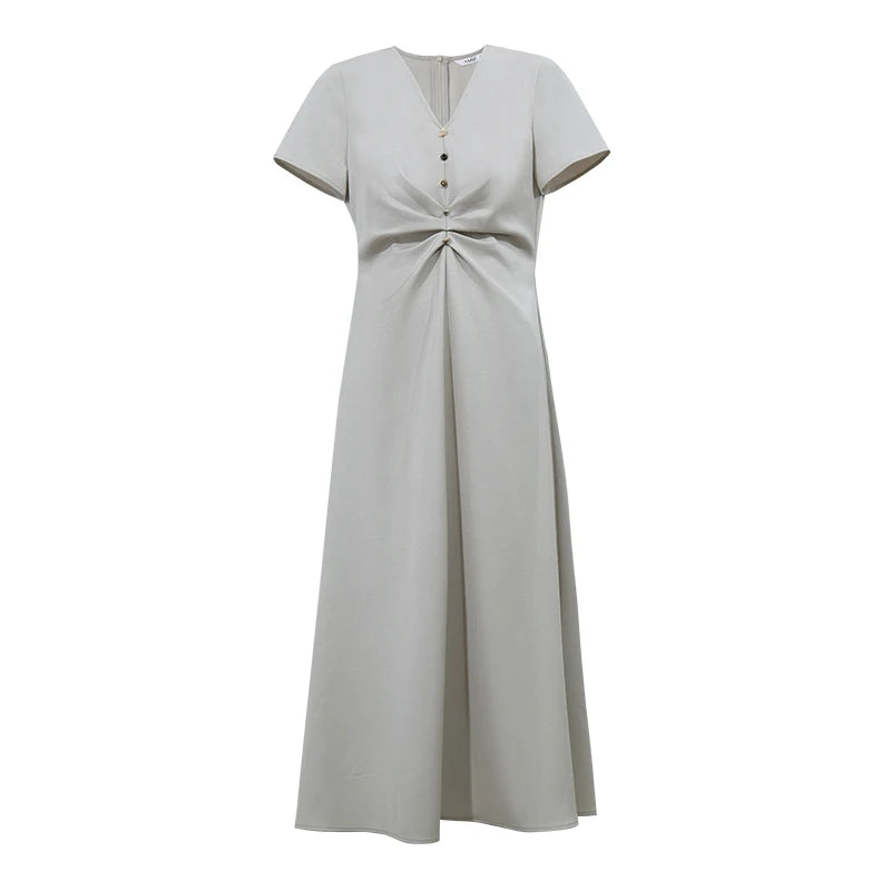 Amii Women's Dress 2026 Summer New Short Sleeve V-Neck Shirred Fitted Waist Midi Dress Holiday Casual Woman Clothes 12622204