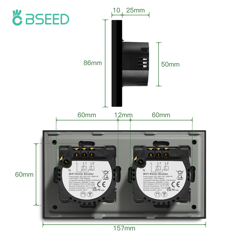 BSEED Wifi Smart Shutter Switch Wireless Double Blind Switch Crystal Panel Touch Switches Work With Smart Life Tuya Alexa App