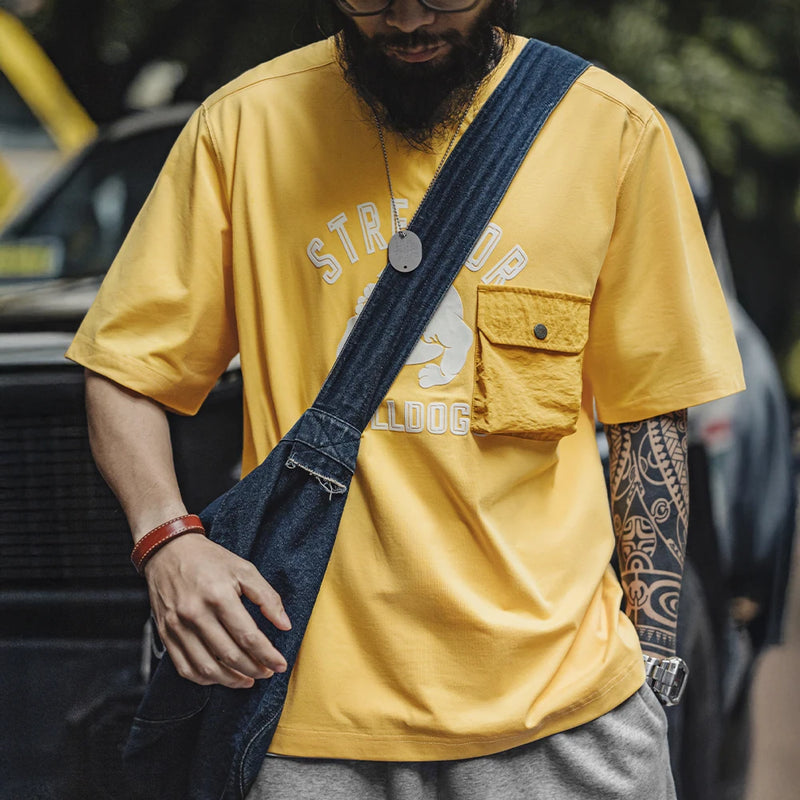 Maden Men's Summer Vintage Flock Print Short Sleeve T-Shirt Loose Fit Yellow Patchwork Pocket Tee Ribbed Crew Neck  Casual Tops