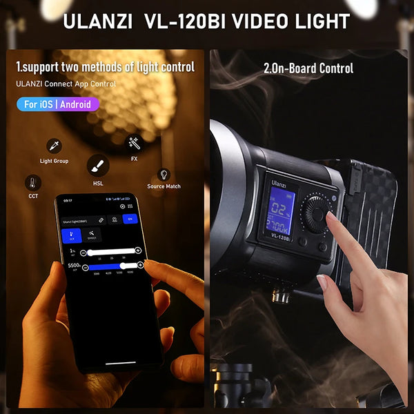 ភ្លើងវីដេអូ Ulanzi VL-120Bi VL-120C 120W V-Mount COB ឥតខ្សែ គ្រប់គ្រងដោយកម្មវិធី 2700K-6500K CRI>95 សម្រាប់ស្ទូឌីយោថតរូបវីដេអូ