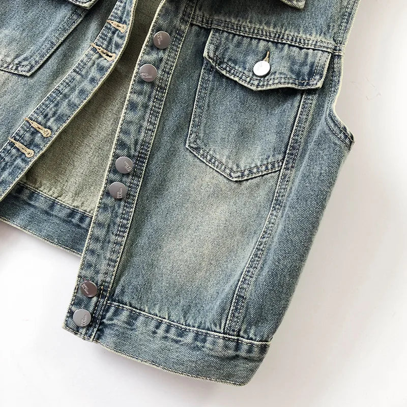 Hong Kong Style Retro Denim Vest Women's Short Tops Spring Autumn Korean Thin Sleeveless Jackets Ladies Waistcoat Chalecos Traf