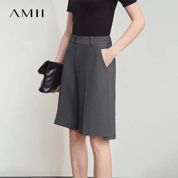 Amii Minimalist Straight Shorts for Women 2026 Summer Solid Commute Suit Shorts Pocket Loose Casual Five-point Pants 12512015