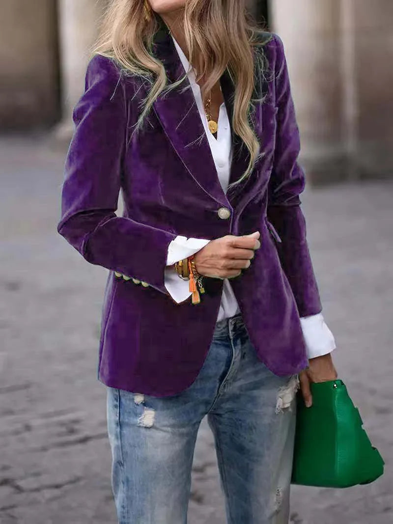 Elegant Women's Long-sleeve Blazer, A V-neck Jacket Made of Corduroy. Available in Black,Purple,Brown,Yellow,Red,Blue,Green,Gray