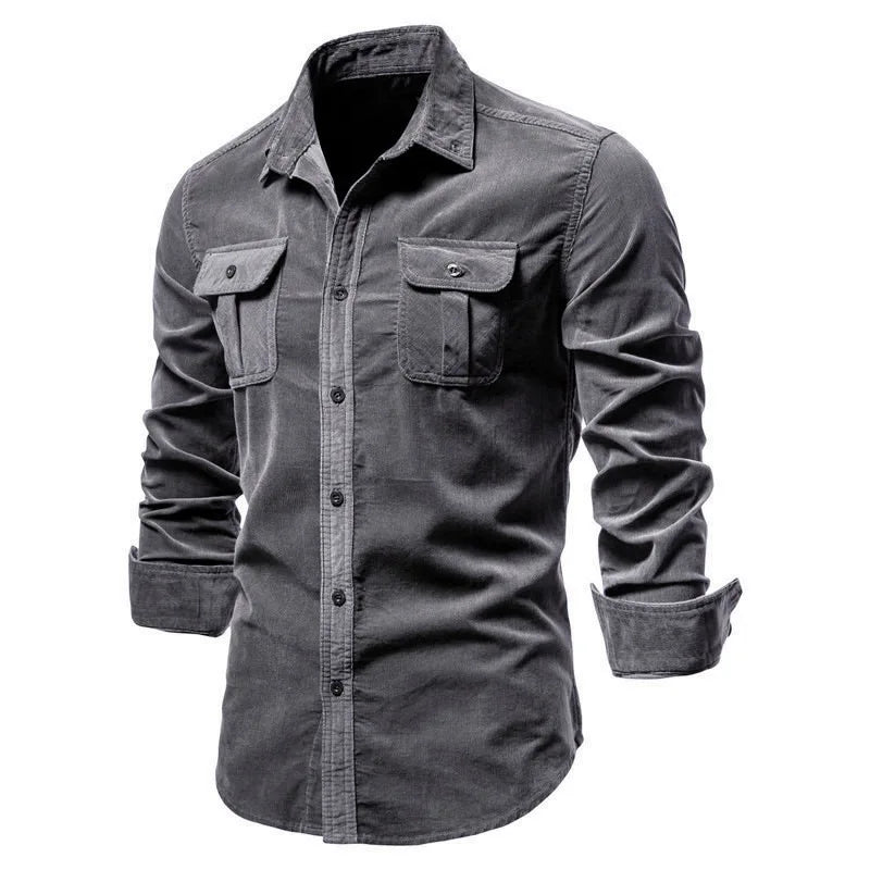 2027 New Men's Long-Sleeve Corduroy Shirt, Single-breasted Lapel, with Two Chest Pockets. Available in Gray, Blue, Green, Brown.