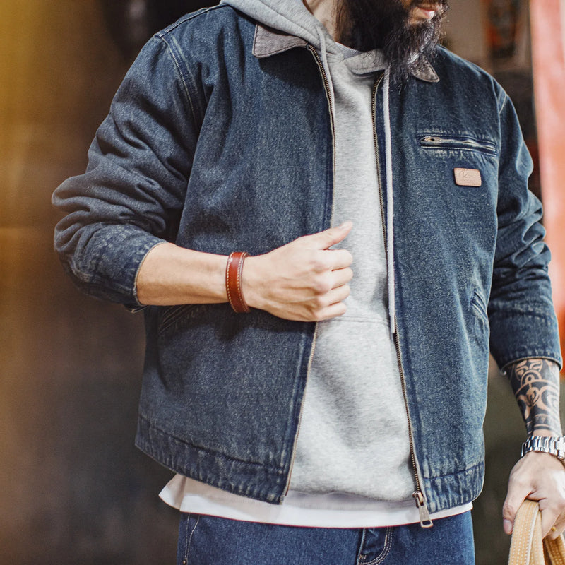 Maden Men's Vintage 10.5oz Detroit Denim Jacket Short Heavyweight Safari Coat Casual Lapel Collar Outerwear for Spring and Fall