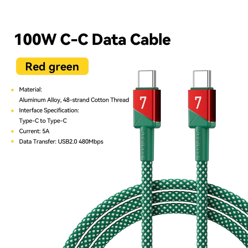 ខ្សែសាក ESSAGER 100W 5A USB C ទៅ USB C សម្រាប់ iPhone 17 16 15 14 Pro Max MacBook iPad Laptop សាកថ្មលឿន ក្រុមបាល់ទាត់ ពណ៌ ខ្សែ