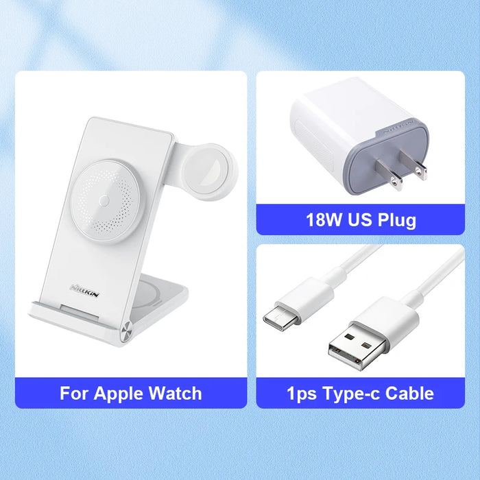 NILLKIN 3 in 1 Magsafe Wireless Charger Stand for iPhone 15/14/13 Pro Max For Airpods Pro MFI For Apple Watch Ultra 8/7/SE/6/5/4 Add 18W US Plug CN