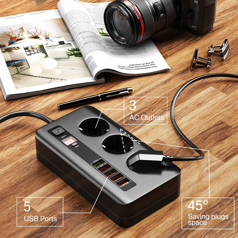 រន្ធដោតភ្លើងឆ្លាតវៃ 2500W រន្ធដោតបន្ថែមជាមួយកុងតាក់ ឧបករណ៍ការពារការកើនឡើងនៃចរន្តអគ្គិសនី ឌុយ EU រន្ធដោត AC 3 រន្ធ USB 5 ប្រវែង 2 ម៉ែត្រ