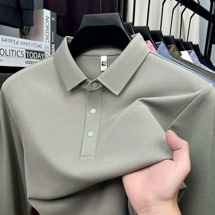 Men's Wool Blend Long Sleeve Polo - Light Blue (White/Black/Olive Green) Wool & Mulberry Silk Breathable Comfort Fit