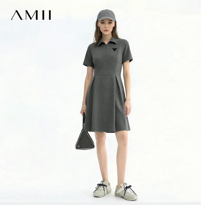Amii Mini Dress 2026 Summer New Letter Embroidered Polo Collar Fitted Waist Short Sleeve Casual Air Layer Women's Dress 12622153