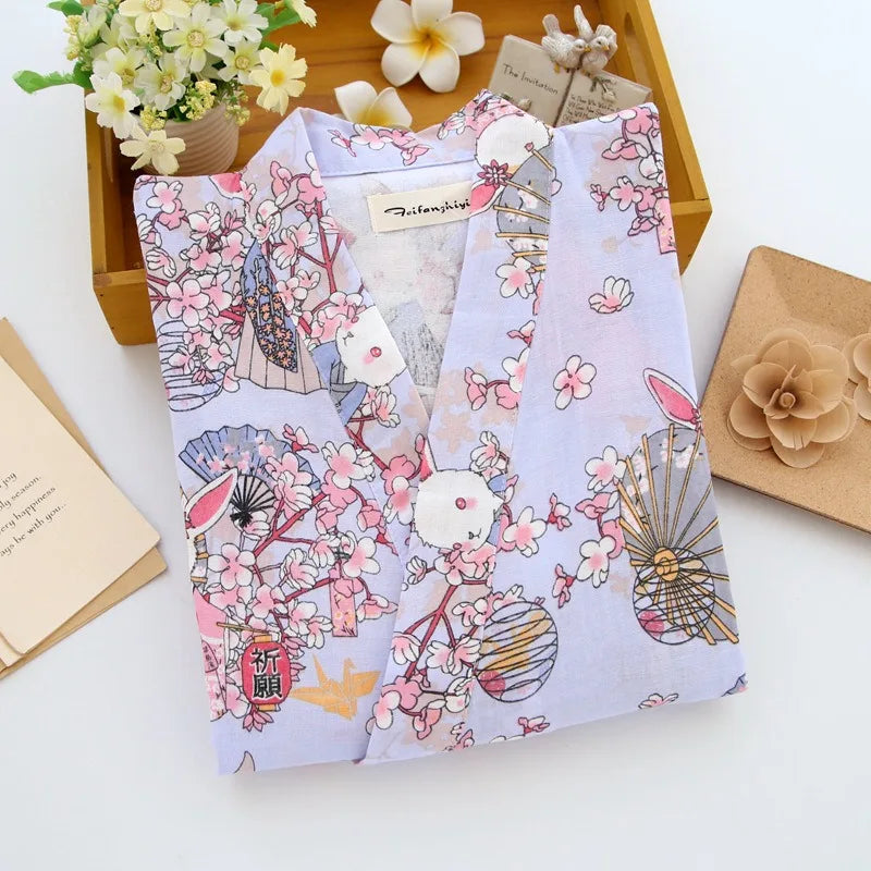 Print Long Sleepwear Loungewear Nightdress Bathrobe Women's Shower Cotton Gauze Nightgown Kimono Cotton Pajamas Cardigan