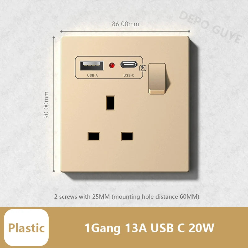 Universal 20W Type-C Wall Quick charge Socket,Dual Switch control Universal Power outlet,White UK Standard USB Interface Socket