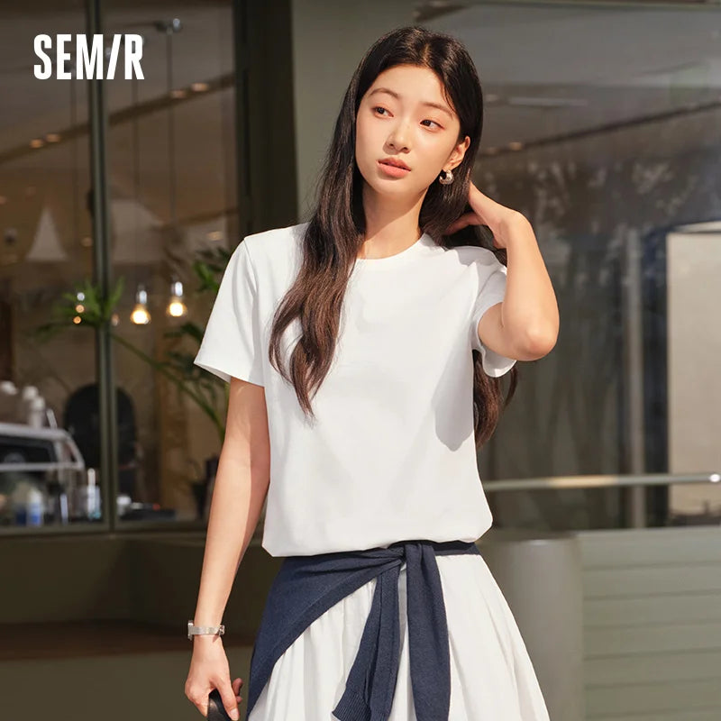 Semir Womens Tshirt 2026 Slim Solid Basic Crew Neck White Fashion Casual Soft Daily Wear