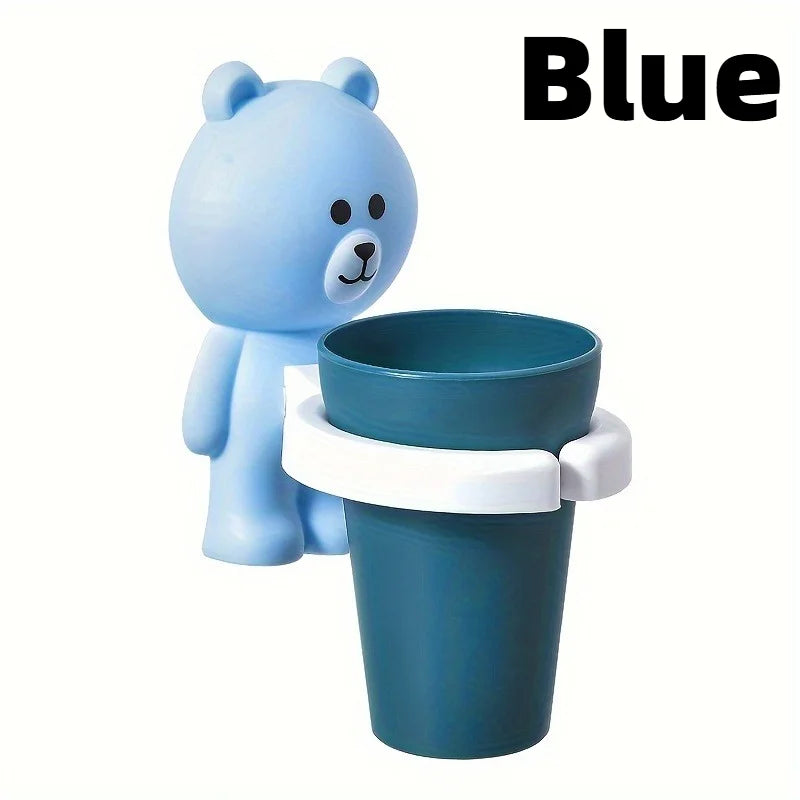 1pc Adorable Bear Wall-Mounted Toothbrush Holder with Gargle Cup,No Drill,Space-Saving,Bathroom Organizer.Tooth cup holder.