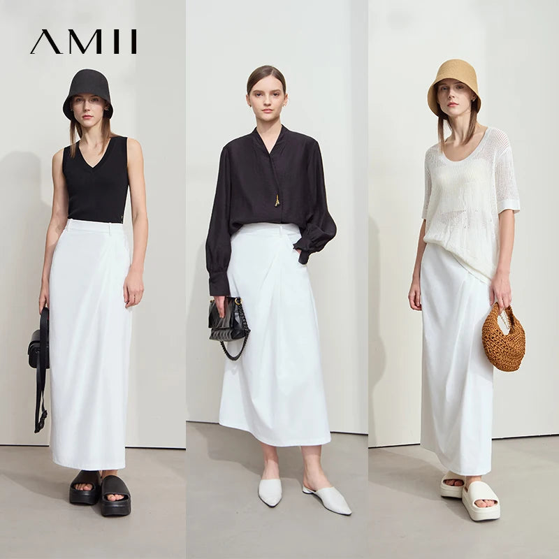 សំពត់វែងថ្មី Amii Minimalism 2025 សម្រាប់នារី រដូវក្តៅ ពណ៌ខ្មៅ រំយោល ឆើតឆាយ សម្រាប់នារីការិយាល័យ ធ្វើដំណើរ សំពត់រលុង 12542102