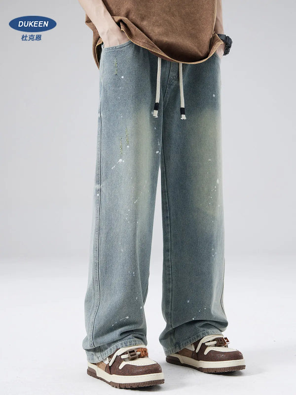 DUKEEN Men's Heavyweight Straight-Leg Jeans Spring Autumn 2026 High Street Paint Splatter Loose Fit Casual Pants