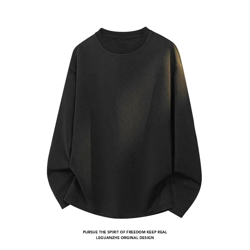 Men Crew Neck Long Sleeve Sweatshirt Maze Geometric Embossed Jacquard Oversized Silhouette For Autumn Daily Street Wear