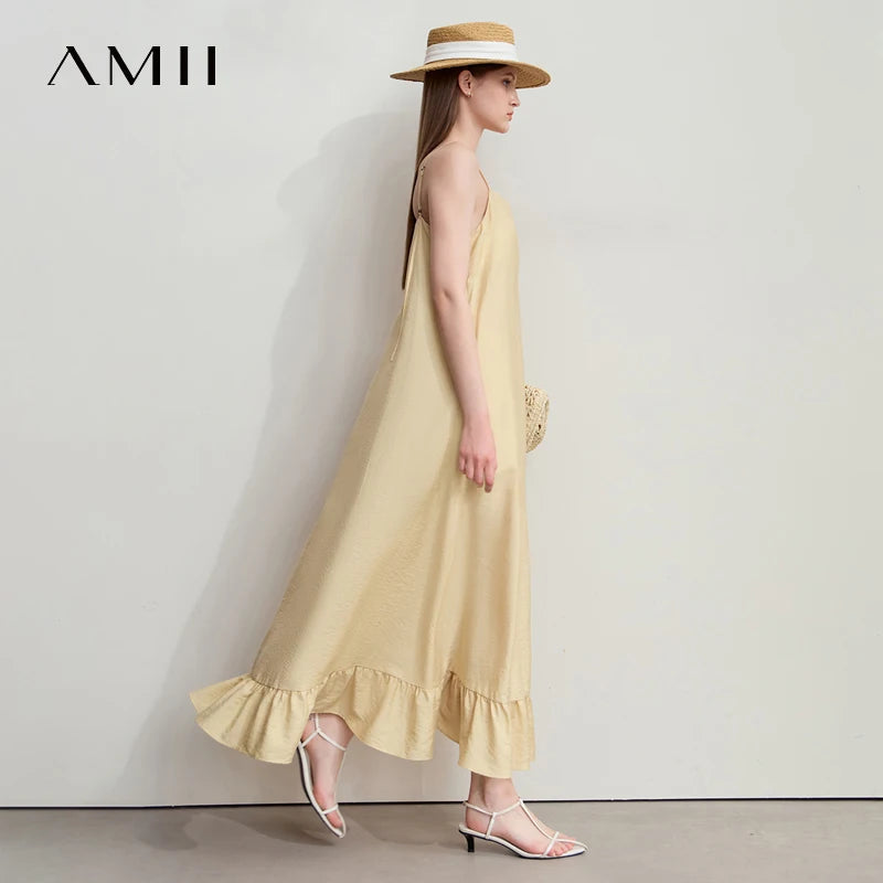 AMII Minimalist Vacation Lyocell Dresses 2026 Summer Beach Women Clothing Party Suspender Lotus Edge Long Black Dresses 12542159