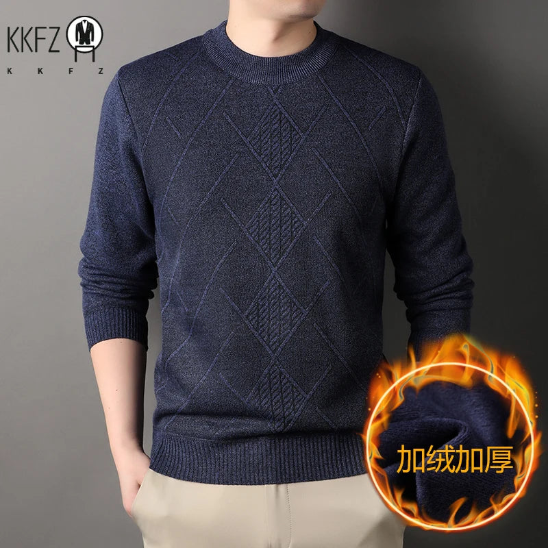Stretch Crew Neck Male Knitted Pullover Embossed Diamond Pattern Fleece Lined Cold Proof Casual Long Sleeve Top