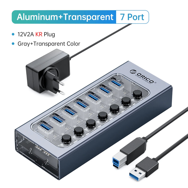 ORICO Industrial USB 3.0 HUB 7/10/13/16 Aluminum USB Splitter On/Off Switch With 12V Power Adapter Support Charging for Computer