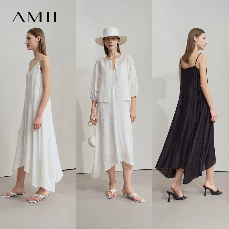 រ៉ូប Amii សម្រាប់នារី រចនាប័ទ្មថ្មី រដូវក្តៅ ឆ្នាំ២០២៥ មានអារម្មណ៍ស្រស់ស្រាយ ផ្កាអង្កាំ Lyocell កអាវរាងអក្សរ V ពណ៌ខ្មៅ រ៉ូប 12542047