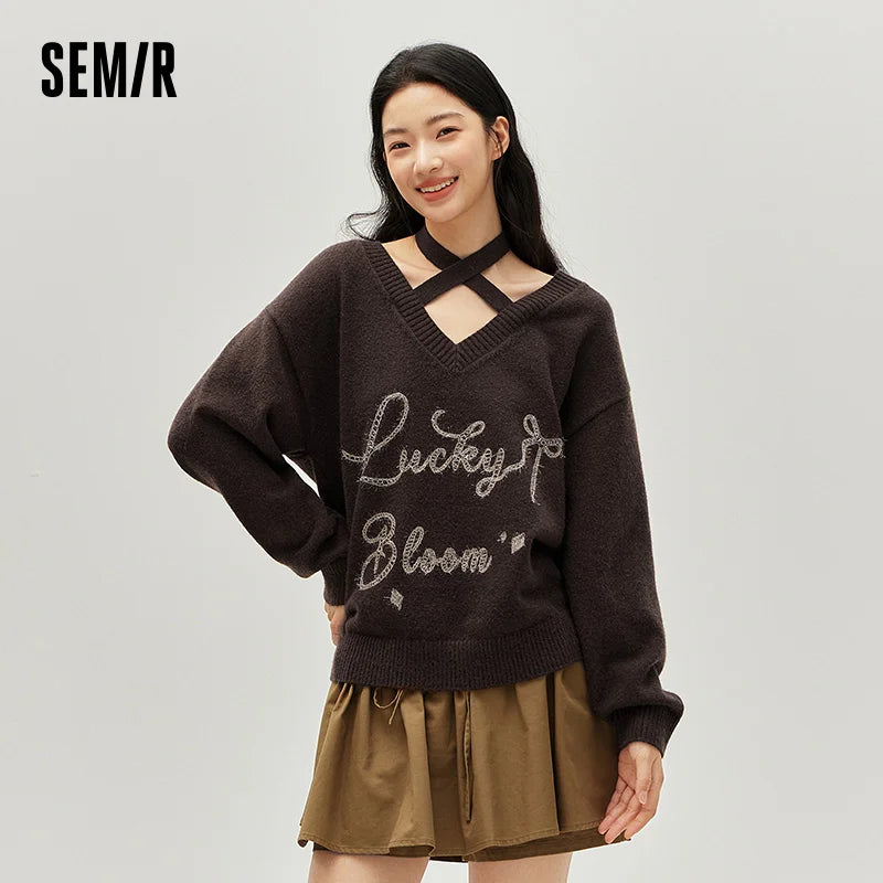 Semir Elegant Sweater Knit Women VNeck Halter Loose Fit Embroidered Bow Sweet 2025 Winter Soft Comfortable Stylish Top